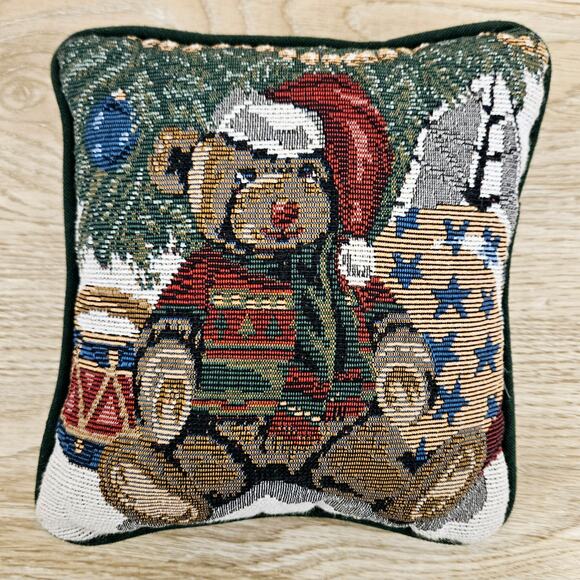 Christmas Tapestry Teddy Bear Throw Pillow  Green Square Holiday Decor - Picture 1 of 5